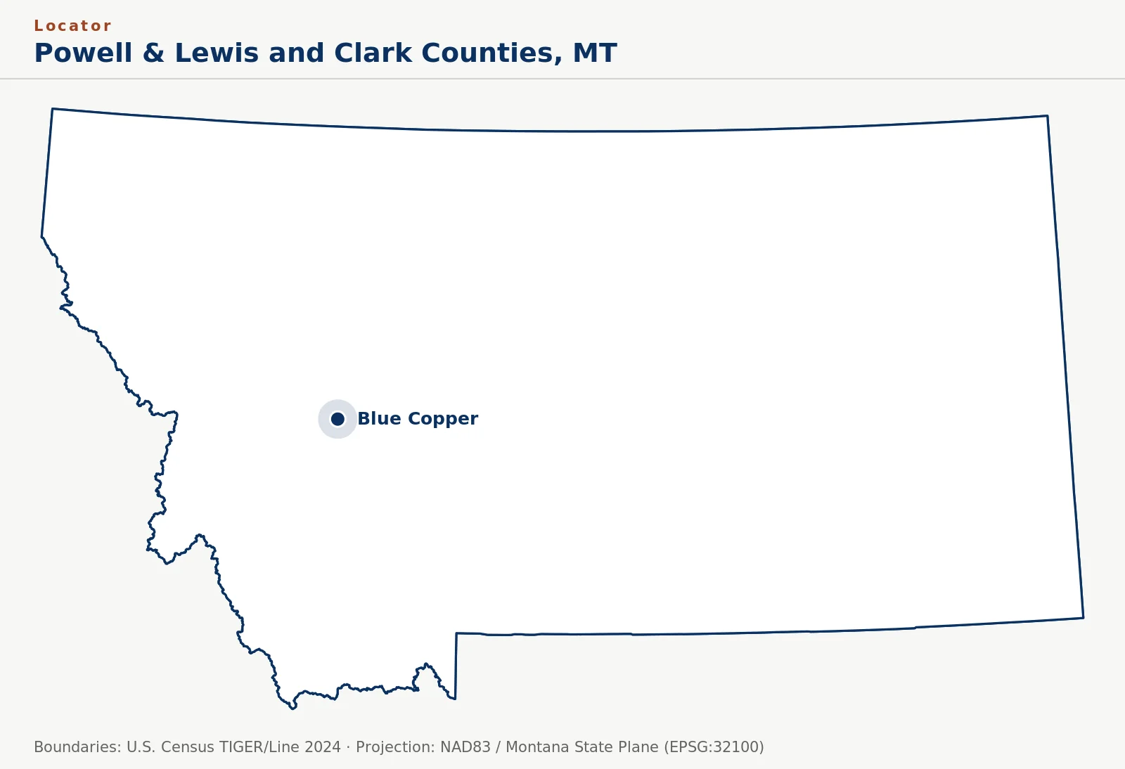 Locator map: Montana with the Blue Copper Project marked with a navy pin in the Powell / Lewis and Clark county area.