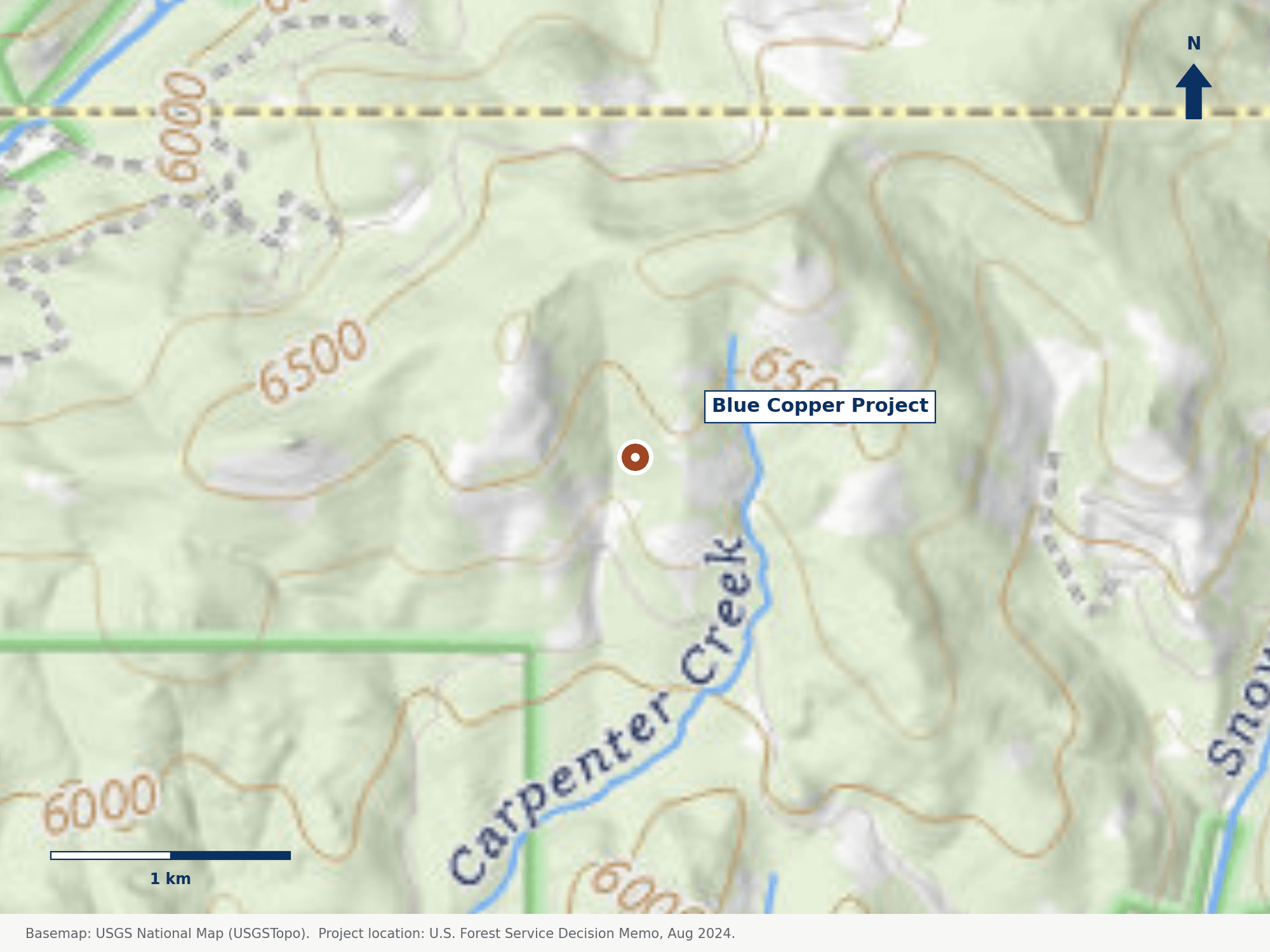 Close-in USGS topographic map centered on the Blue Copper Project area in the Snowshoe Creek drainage, showing the immediate Helena-Lewis and Clark National Forest topography.